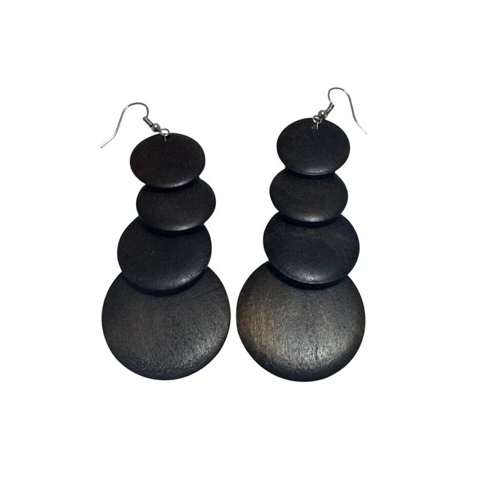 Wood Dangle Earrings Multi-Tiered Dark Brown Lightweight Bohemian Statement - Picture 3 of 5